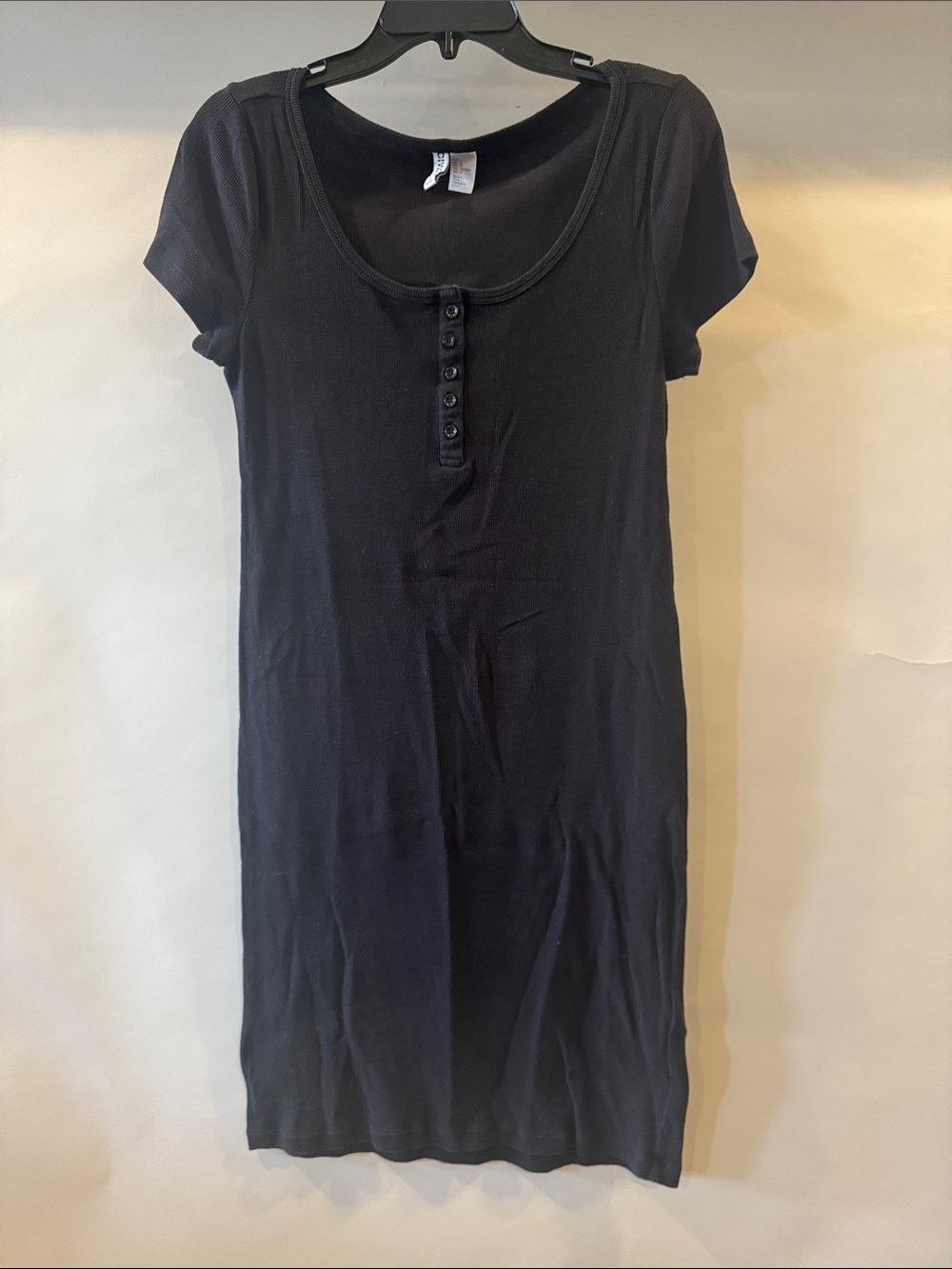 Divided Black Short-Sleeve Ribbed Scoop Neck Button Dress